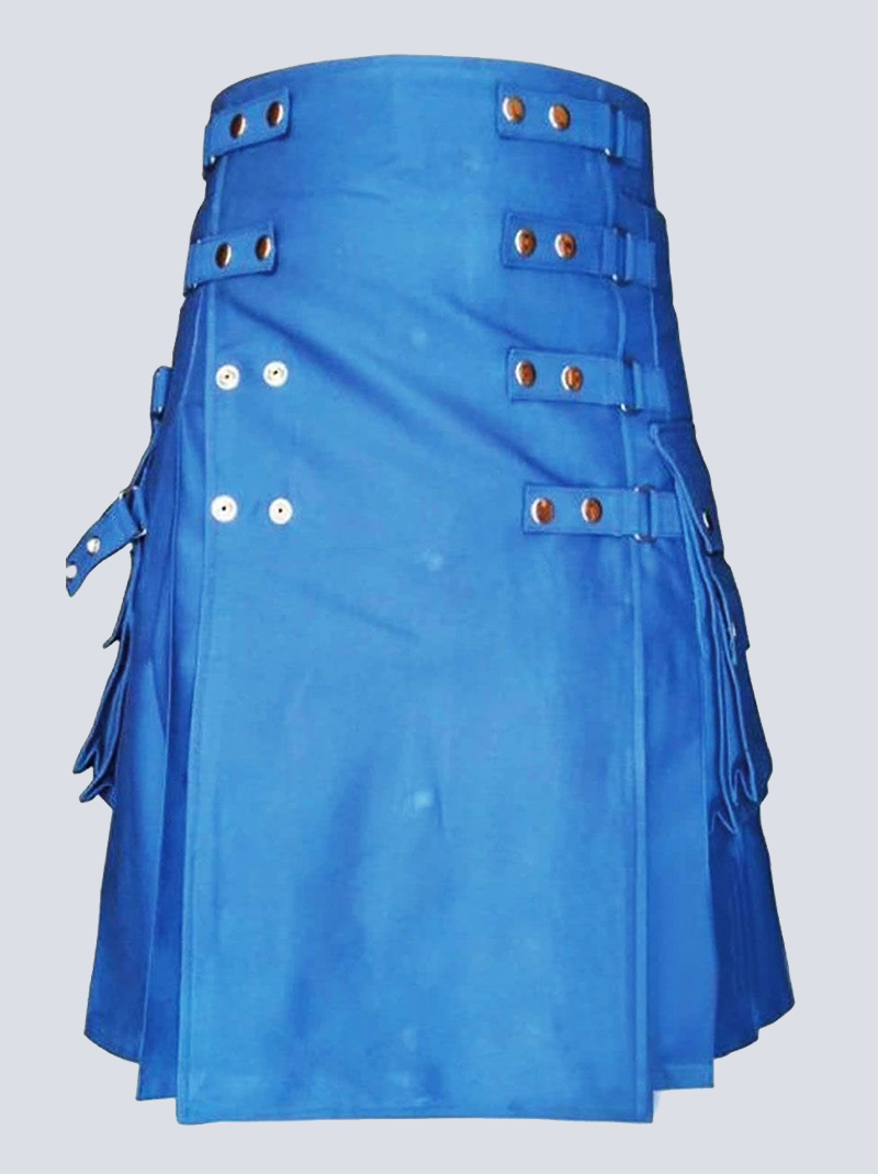 lustrous blue utility kilt with ditachable apron f