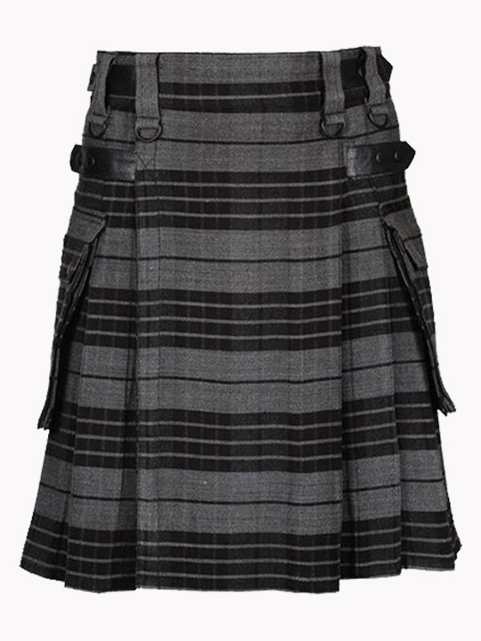 Grey Watch Tartan Utility Kilt with Leather Straps F