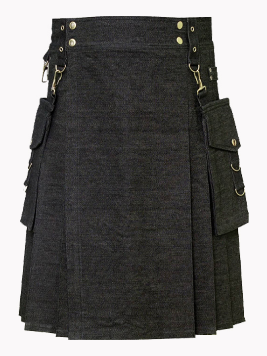 Mens Black Denim Kilt with Pockets F