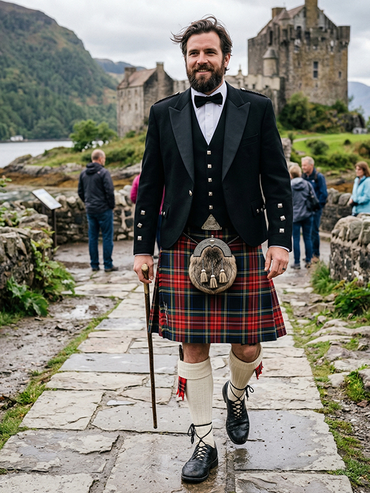 Black Stewart Tartan Argyll Kilt Outfit Front