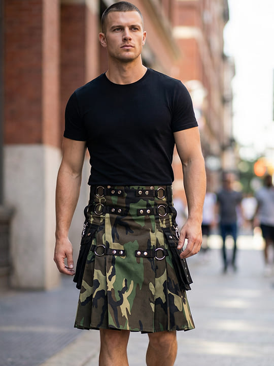 Mens Gothic Woodland Camo Tactical Kilt With Black Pockets F
