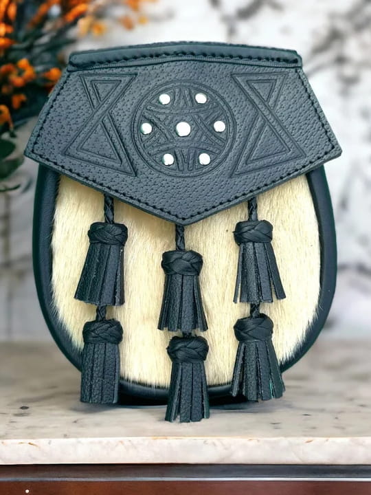 Six Leather Tassels with White Bovine Fur F 1