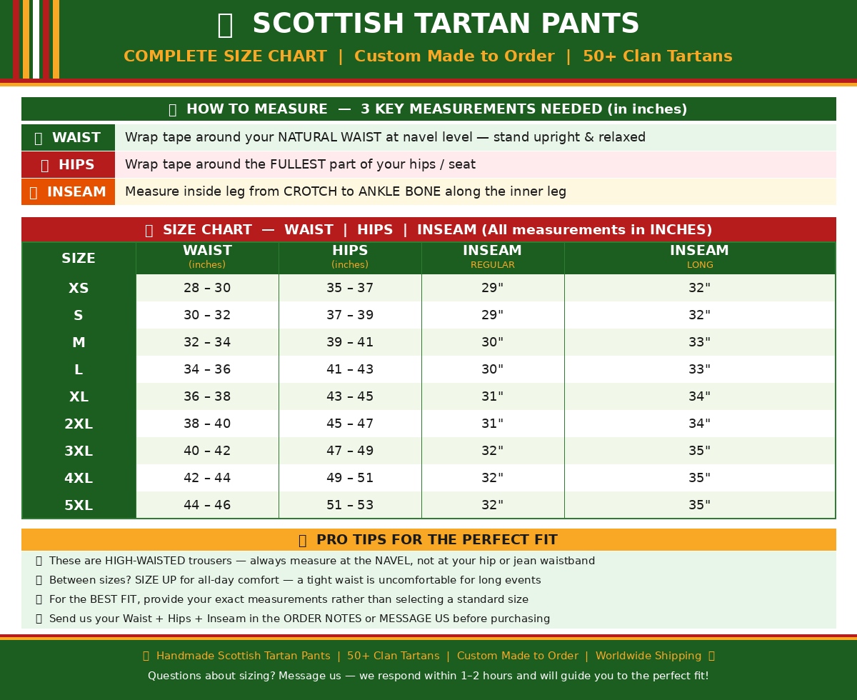 Scottish Tartan Pants Size Chart 1